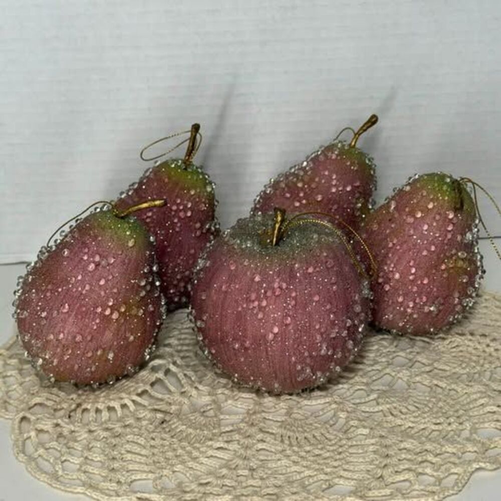 Sugar Beaded Fruit Christmas Ornaments - 1 Apple and 4 Pears